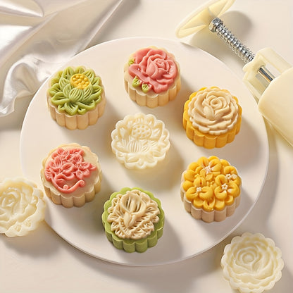 7pcs Moon Cake Mold | Mid Autumn Festival Hand Press Cookie Stamps Pastry Tool Mooncake Maker, Flower Molds Patterns 1 Mold 6 Stamps 50G, Cookie Cutters For Baking, Plastic Material By Jusbe