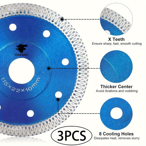 3pcs-Set. 4-1/2" Diamond Saw Blade, X-Teeth Diamond Blade for Porcelain, Tile, Brick, Granite And Concrete