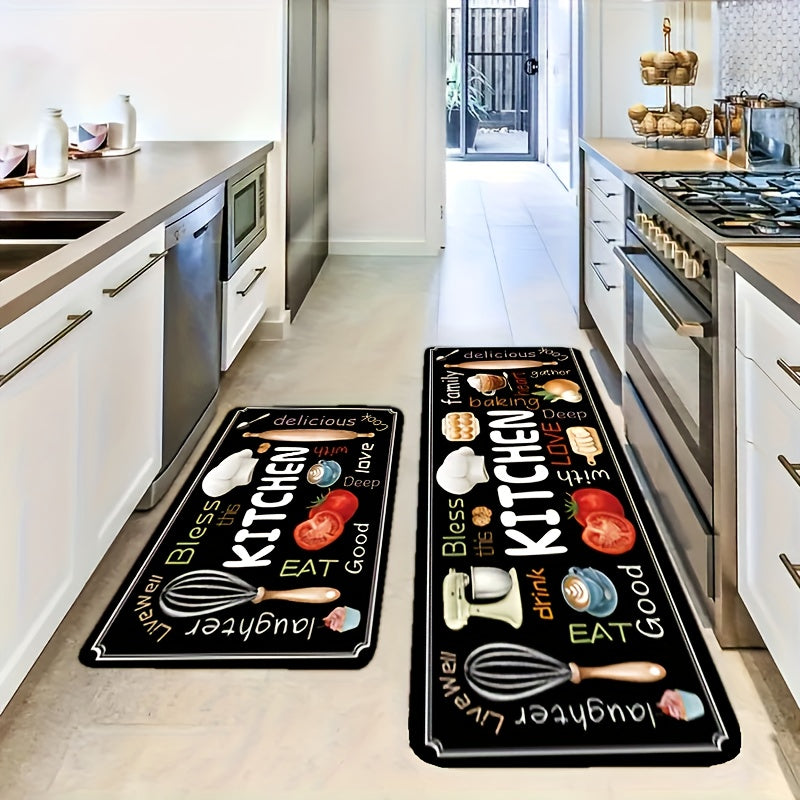 2pcs Black Kitchen Floor Mats, Kitchen Style Pattern Diatomaceous Earth Foot Mats, Hallway Running Long Mats, Soft, Comfortable, Easy to Clean, Suitable for Bathroom, Kitchen, Bedroom Entrance And Hallway Decoration