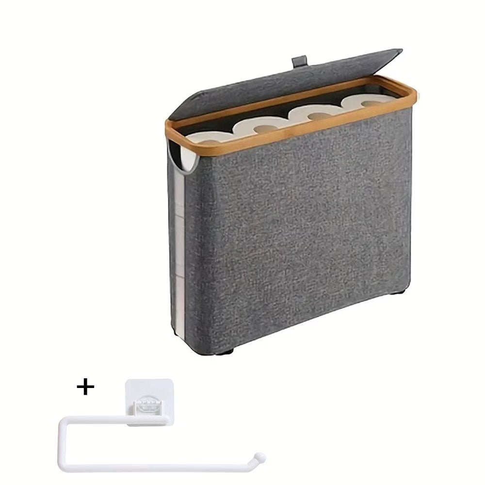 Toilet Paper Storage Basket with Bamboo Lid – Large Capacity Holds 9-12 Rolls | 600D Oxford Cloth Dustproof Bathroom Organizer | Modern Farmhouse Tissue Roll Holder for Bathroom