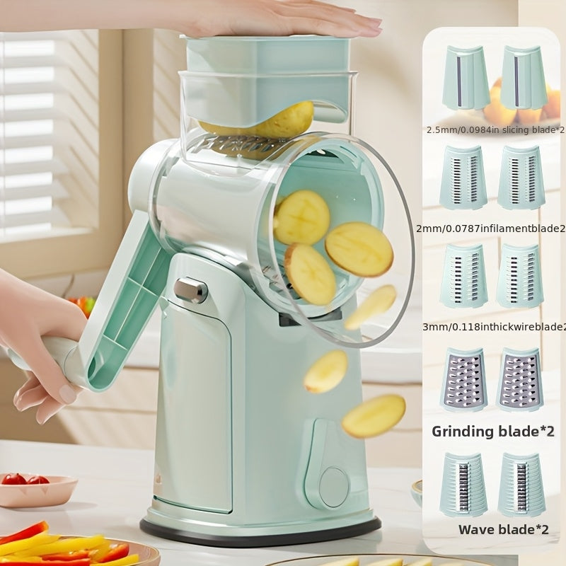 Rotary Cheese Grater With Handle, Kitchen Round Vegetable Slicer With 10pcs Interchangeable Blades, Easy To Clean Rotary Grater Slicer With Strong Suction Cup Base For Cheese, Fruit, Vegetables, Nuts, Salad Making, Kitchen Stuff, Kitchen Accessories