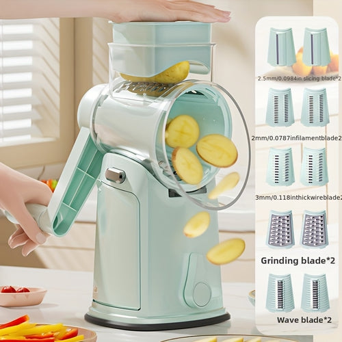 Rotary Cheese Grater With Handle, Kitchen Round Vegetable Slicer With 10pcs Interchangeable Blades, Easy To Clean Rotary Grater Slicer With Strong Suction Cup Base For Cheese, Fruit, Vegetables, Nuts, Salad Making, Kitchen Stuff, Kitchen Accessories