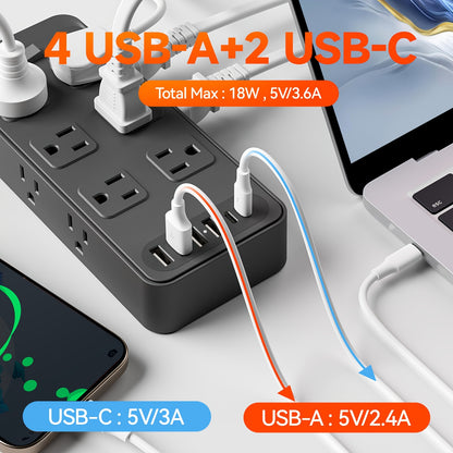 USB Extension Cord Power Strip 18-in-1 with 12 AC Outlets 6 USB Ports Surge Protector Overload Protection Switch 5FT 10FT for Home Kitchen Office Travel Accessories Black White