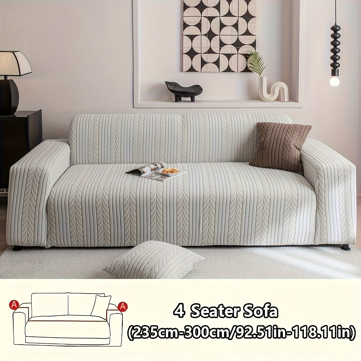 1 Striped Sofa Cover, Washable, Stretchy, Scratch And Slip-Resistant. Fits 1-4 Seaters, White Textured Zigzag Fabric. Great for Decor, Furniture Protection, Classic And Durable Design