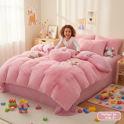 3/4pcs Plush Faux Fur Comforter Cover Set for Kids & Teens - Includes Pillowcases + Plush Heart Pillow - Twin/ Queen/ King Sizes - Super Soft, Warm, Machine Washable (Duvet Cover Only, No Comforter)