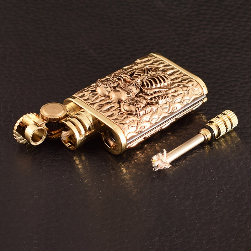 Kerosene Lighter 2-in-1 Permanent Match Flint Wheel Refillable – Golden Windproof Pocket Lighter with Built-In Match Strike, Unique Gift for Men, Father’s Day & Outdoor Use