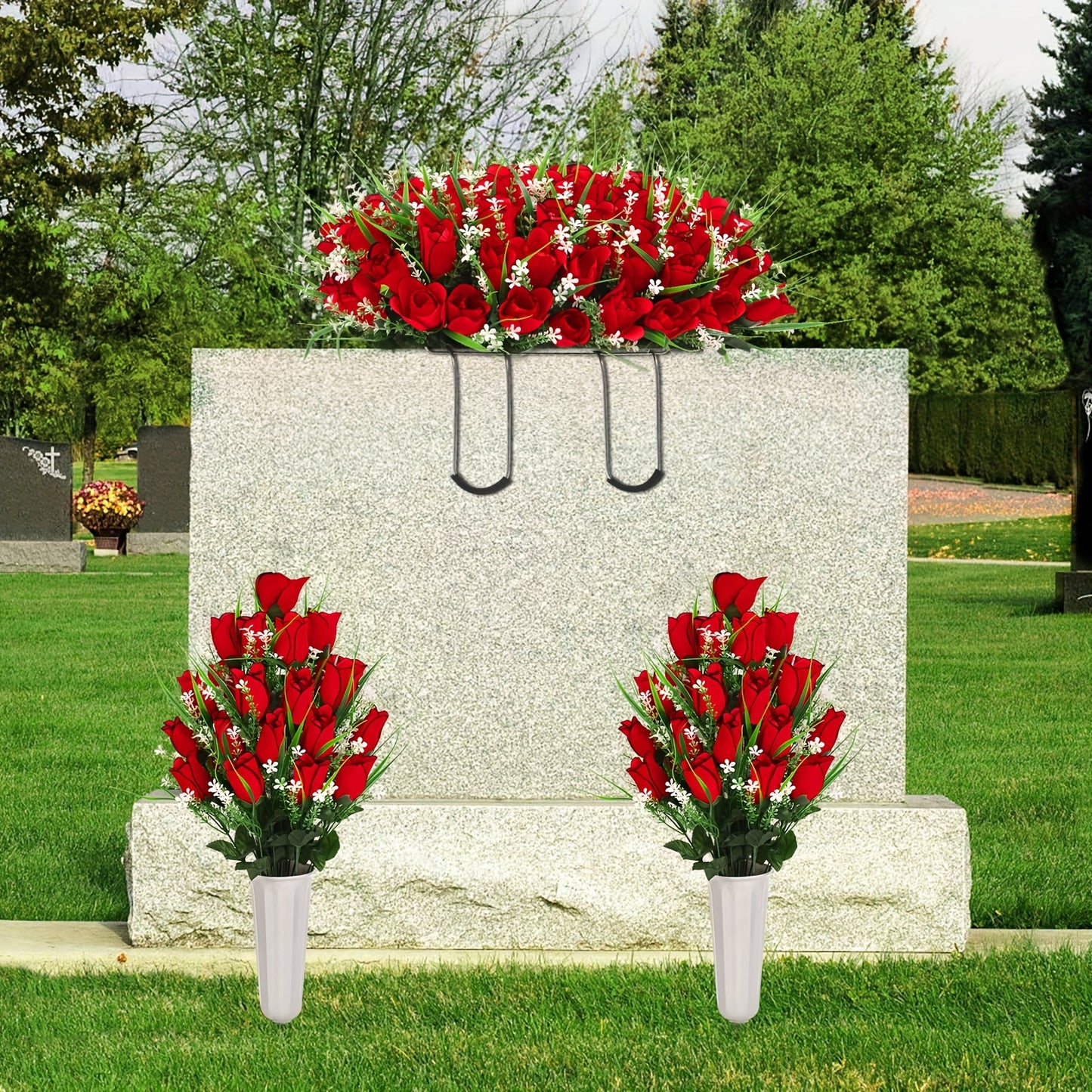 Artificial Cemetery Grave Flowers Silky Rose Bouquet Memorial Decoration