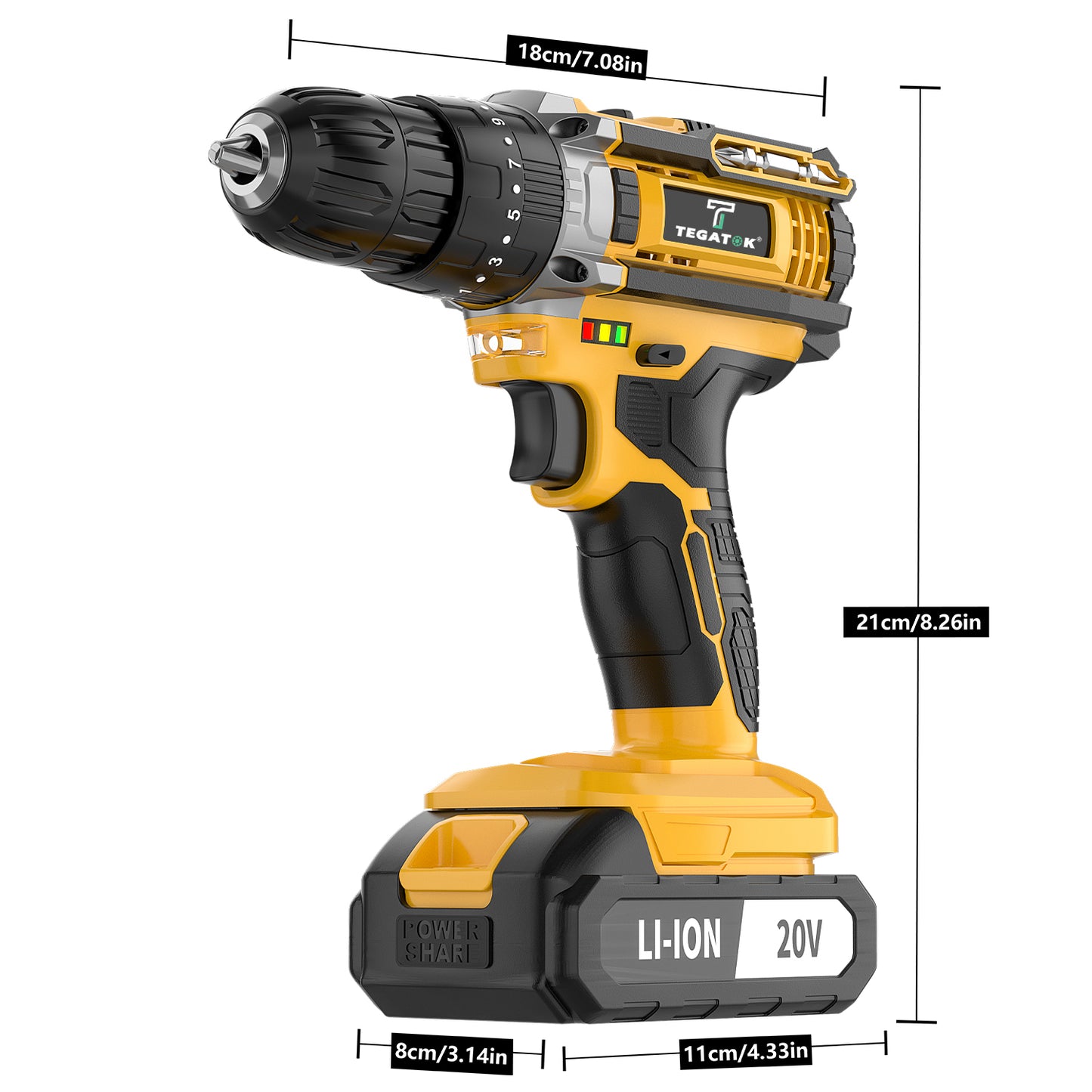Tegatok 20V 58/136pcs/ 147pcs Cordless Impact Drill Kit With 20 Plus 3 Torque Settings 45Nm Max Torque Built In LED Light 2.0Ah Rechargeable Battery And Fast Charger Ideal For Home Renovation Woodworking Furniture Assembly Metal Drilling