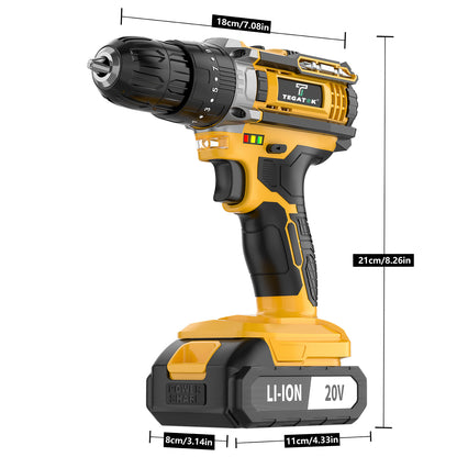 Tegatok 20V 58/136pcs/ 147pcs Cordless Impact Drill Kit With 20 Plus 3 Torque Settings 45Nm Max Torque Built In LED Light 2.0Ah Rechargeable Battery And Fast Charger Ideal For Home Renovation Woodworking Furniture Assembly Metal Drilling