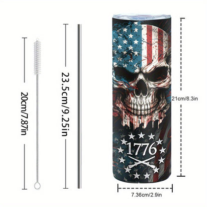 Patriotic Skull Pattern Coffee Cup, 20oz Stainless Steel Insulated Tumbler With Lid & Straw, Beverage Container Or Travel Cup For Hot & Cold Drinks, 20oz Camping Drinkware, Ideal Gift For Birthday, Holiday, Parties, Anniversary, Halloween, Christmas