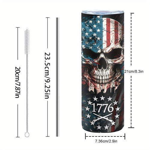 Patriotic Skull Pattern Coffee Cup, 20oz Stainless Steel Insulated Tumbler With Lid & Straw, Beverage Container Or Travel Cup For Hot & Cold Drinks, 20oz Camping Drinkware, Ideal Gift For Birthday, Holiday, Parties, Anniversary, Halloween, Christmas