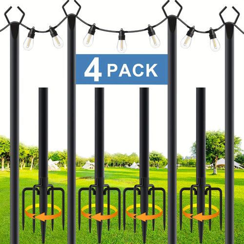 Outdoor String Light Poles 4 Pack 8.9Ft Metal Poles for Outside String Lights with Ground Fork Stand for Patio Backyard Deck Garden Yard Bistro Party Wedding Lighting