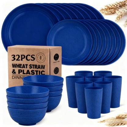 32/16pcs Dinnerware Sets Made from Wheat Straw, Including Plates And Bowls for 8 People, Featuring Black Plastic Dinnerware That Is Safe for Microwave And Dishwasher Use. This Dish Set Is Perfect for Valentine'S Day And Serves As a Durable Party Tab