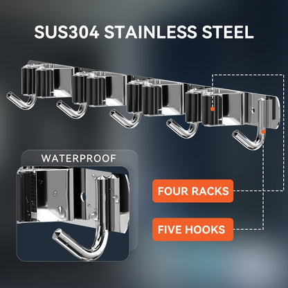 This Is a 2/4 Pack of Versatile Wall-Mounted Mop Holders Made from 304 Stainless Steel, Featuring Five Storage Slots And Four Hooks. It'S Suitable for Use in Bathrooms, Garages, And More. It Can Hold Mops, Kitchen Utensils, And Towels