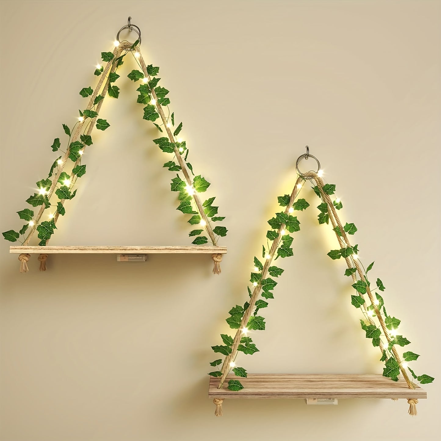 TOMNK 2pcs/3pcs/4pcs Artificial Ivy LED-Strip Floating Shelves, Macrame Hanging Shelves Plant Wall Decor, Rustic Boho Wood Wall Storage Shelves For Bedroom, Living Room, Bathroom Decor, 15.7 Inches