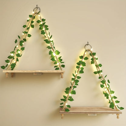TOMNK 2pcs/3pcs/4pcs Artificial Ivy LED-Strip Floating Shelves, Macrame Hanging Shelves Plant Wall Decor, Rustic Boho Wood Wall Storage Shelves For Bedroom, Living Room, Bathroom Decor, 15.7 Inches