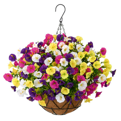 Artificial Hanging Flowers Outdoor UV-Resistant Fake Petunias with Planter Basket – Realistic Faux Hanging Plants for Garden Patio Porch Balcony Railing Decor