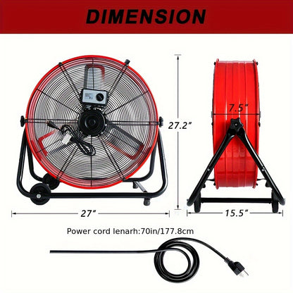 24 Inch Industrial Floor Drum Fan, 9000 CFM 3-Speed Heavy Duty Floor Fan with 360° Tilt with Casters And Handle for Warehouse, Patios, Garage