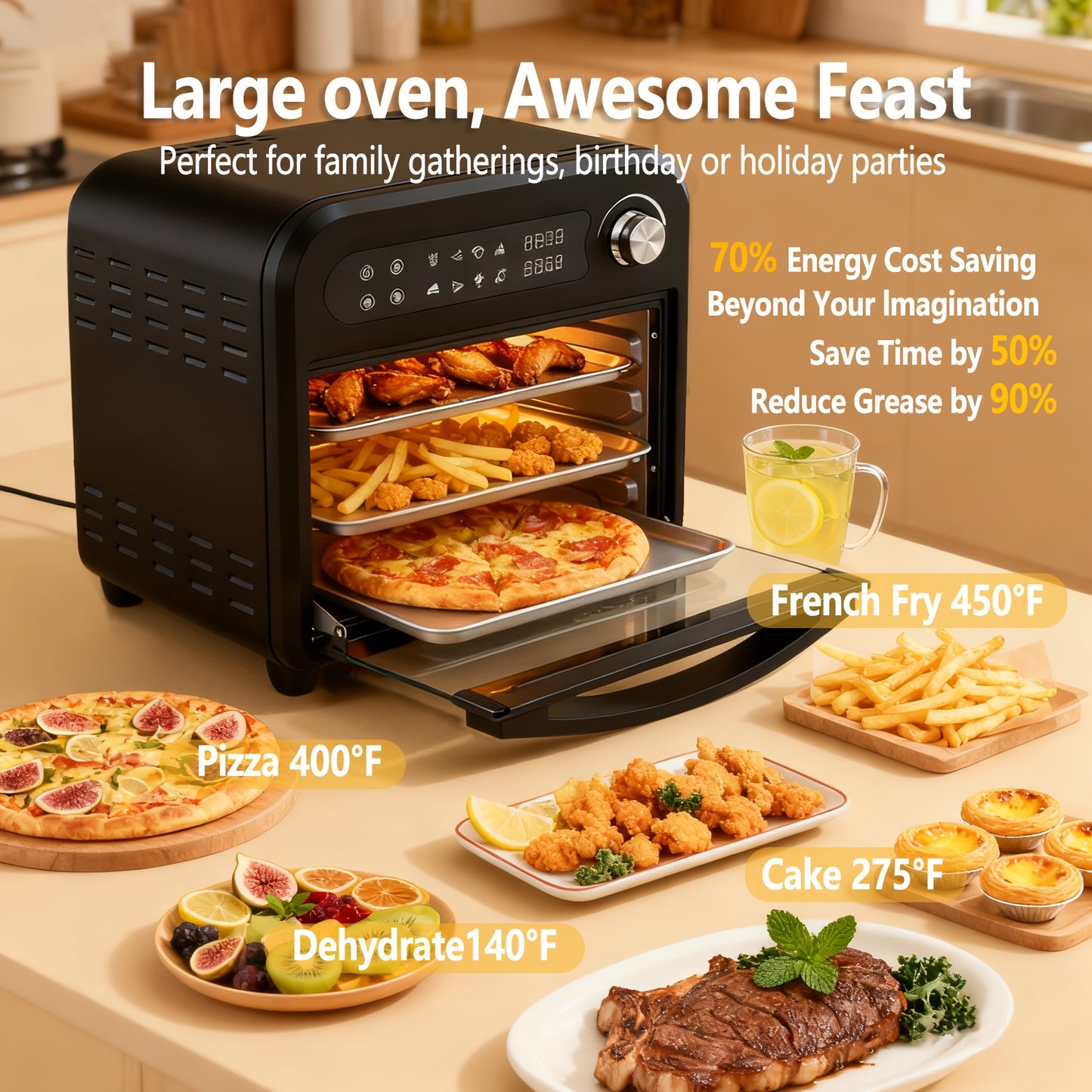 Extra Large Capacity Convection Air Fryer Toaster Oven Combo, 360° Hot Air Circulation, High Power Fast Preheat & Cooking, LED Digital Display & Precise Temperature Control, Stainless Steel, Easy to Clean, Healthy Low-Oil Cooking, Holiday Gift 16QT