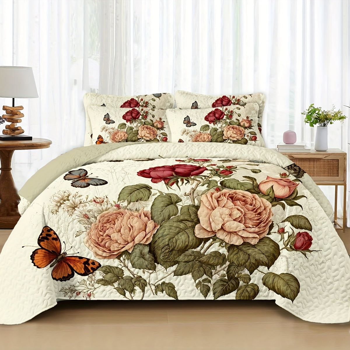2/3pcs Floral Lightweight Comforter Quilt Set Queen King Twin Full Size for Girl Women Mother'S Day Gift, Boho Bedspread Coverlet Blanket Bed Cover for Spring Summer Autumn, Soft Breathable Microfiber White Reversible Comforter Patchwork Bedding