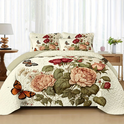 2/3pcs Floral Lightweight Comforter Quilt Set Queen King Twin Full Size for Girl Women Mother'S Day Gift, Boho Bedspread Coverlet Blanket Bed Cover for Spring Summer Autumn, Soft Breathable Microfiber White Reversible Comforter Patchwork Bedding