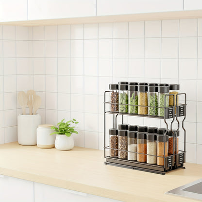 2-Tier Spice Rack Organizer For Cabinets, Heavy Duty Slide Out Design With Labels, 5.2" W X 10.75" D X 10" H, No Jars
