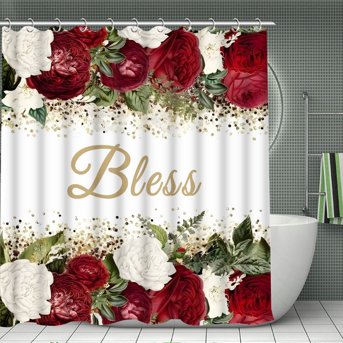 4pcs Complete Bathroom Set with Rose Blessing Printed Pattern, Elegant Modern Design for Home Decor, Shower Curtain, Complete 4pcs Toilet Lid Cover Set, Easy to Install, with 12 Durable Hooks - The Perfect Gift for Friends and Family