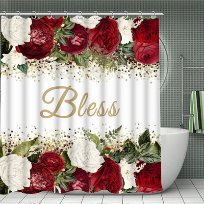 4pcs Complete Bathroom Set with Rose Blessing Printed Pattern, Elegant Modern Design for Home Decor, Shower Curtain, Complete 4pcs Toilet Lid Cover Set, Easy to Install, with 12 Durable Hooks - The Perfect Gift for Friends and Family