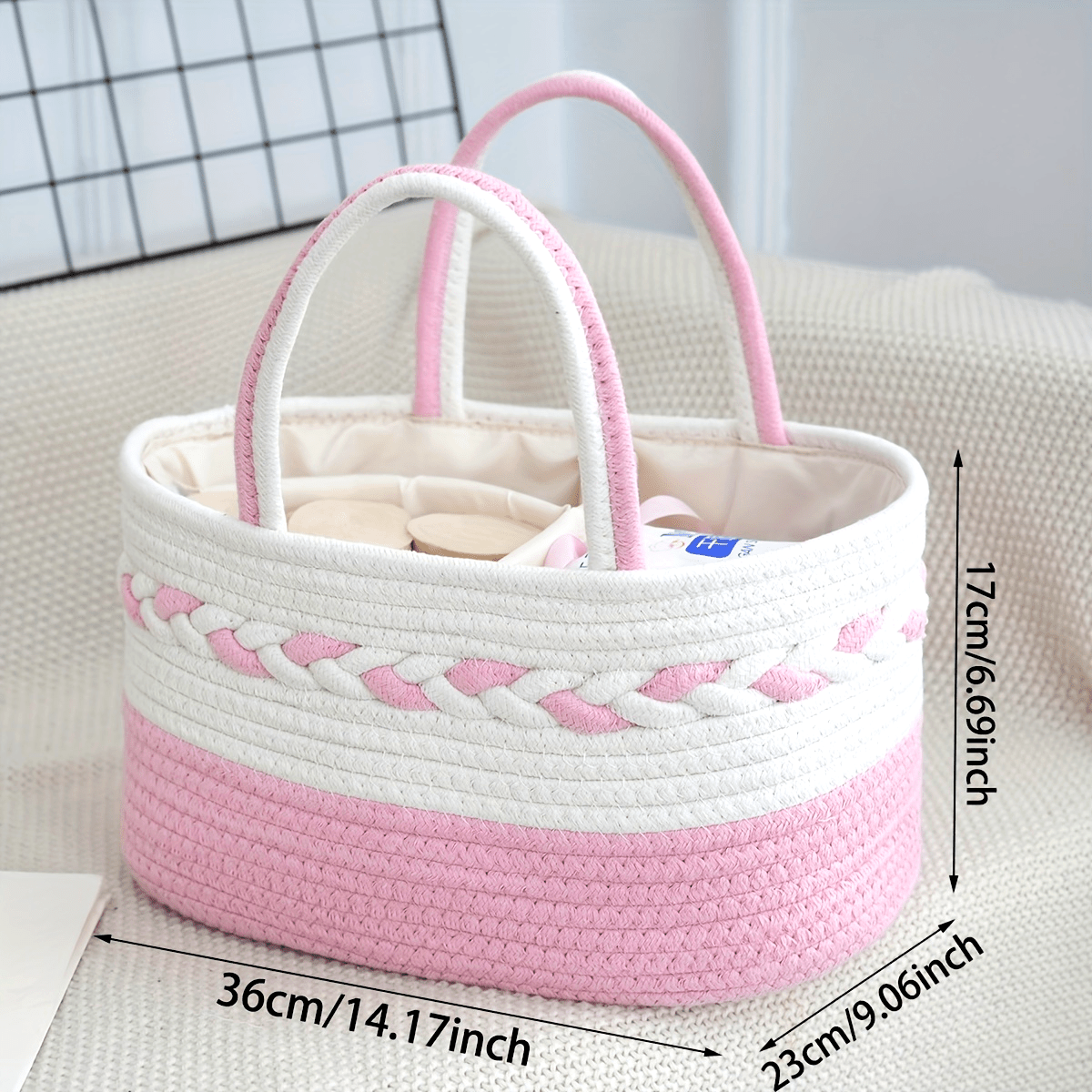 A Large Capacity Foldable Storage Bag Made of Bohemian Rope, Featuring a Woven Handle And a Removable Lining. It Comes in a Striped Design of Cyan, White, Pink, And Beige, Shelf Baskets