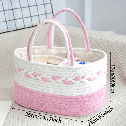 A Large Capacity Foldable Storage Bag Made of Bohemian Rope, Featuring a Woven Handle And a Removable Lining. It Comes in a Striped Design of Cyan, White, Pink, And Beige, Shelf Baskets
