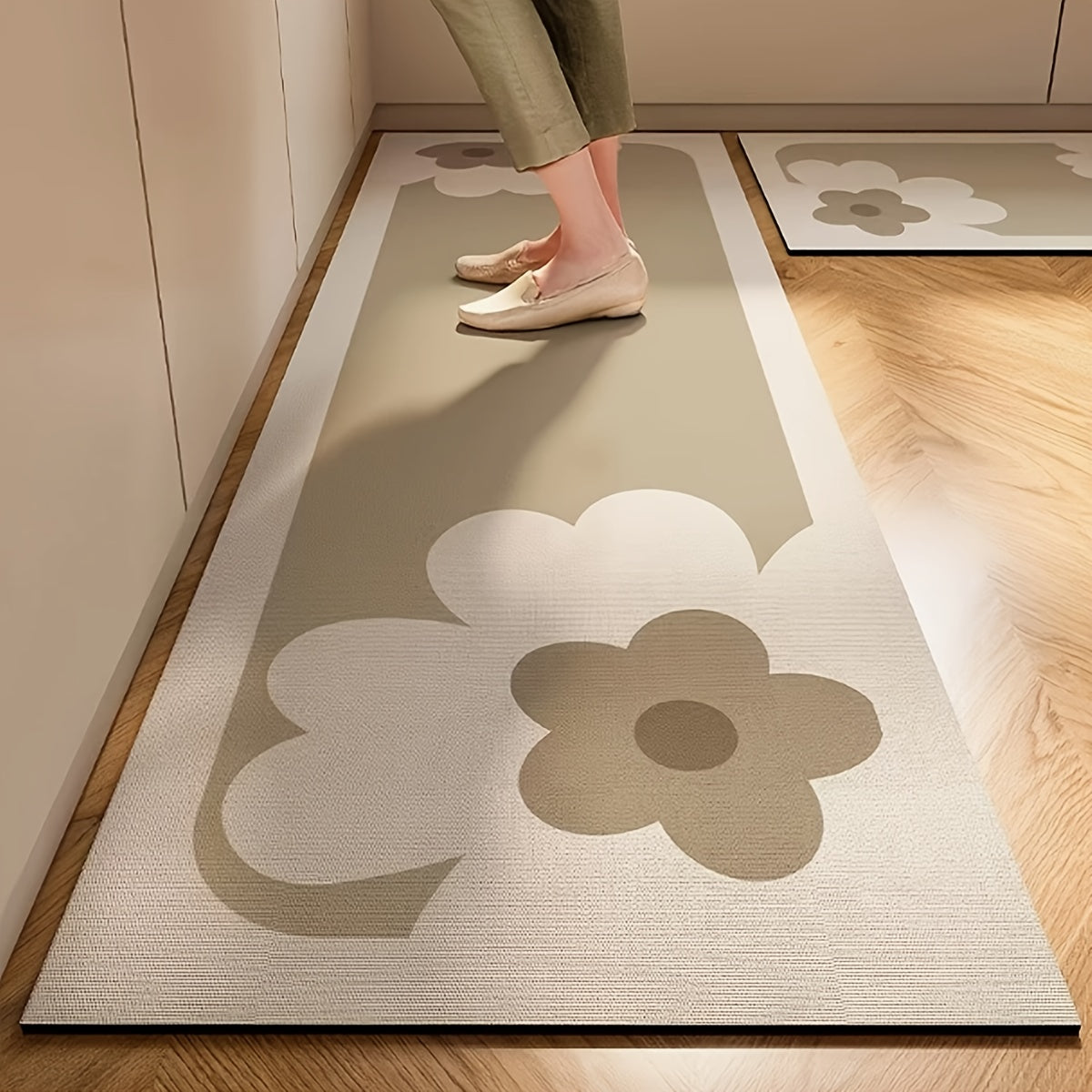 Nordic Style Kitchen Mat - Thickened Absorbent Non-Slip Rubber Backing, Floral Pattern Beige/Brown, Durable for High Traffic Areas, Hand Wash Solely