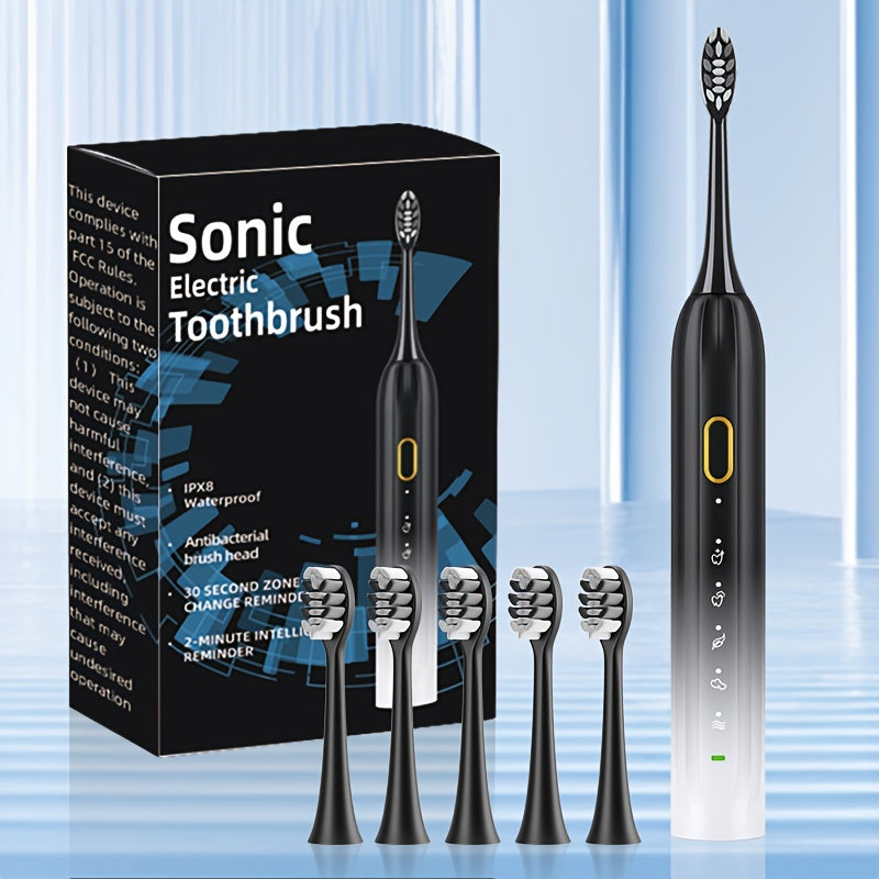 IPX8 Sonic Electric Toothbrush, USB Direct Charging, Couple Style with Replaceable Heads, Metal Shaft, for Adults (Men & Women), Rechargeable, Intelligent Timer, Includes 5 Replacement Brush Heads