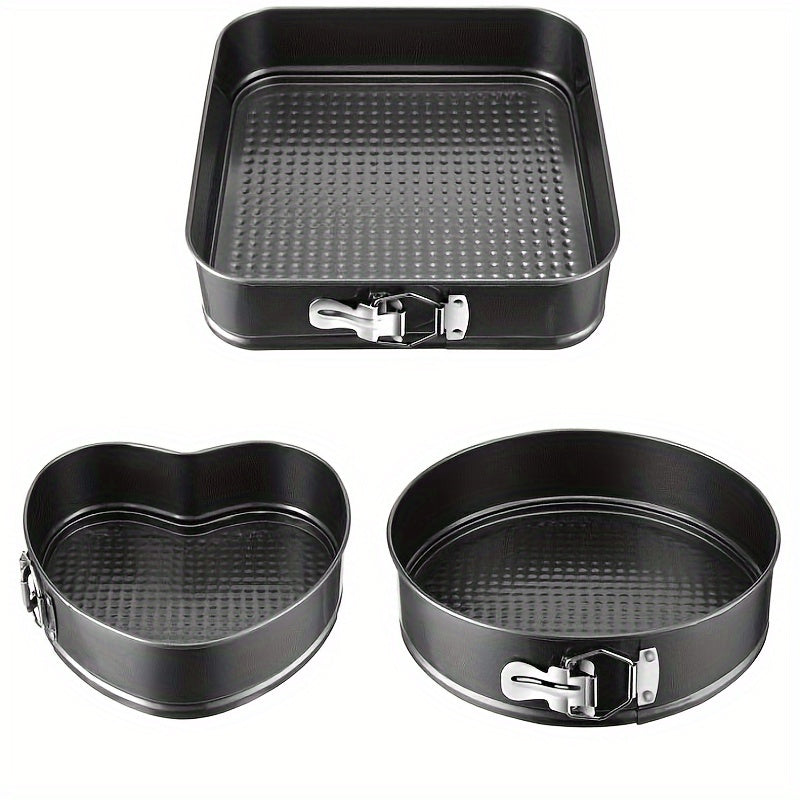 3pcs Non-Stick Durable Cake Pan Set with Removable Bottom Cake Mold Carbon Steel Round Heart-Shaped Pan Easy Release Kitchen Spring Pan Set, Black