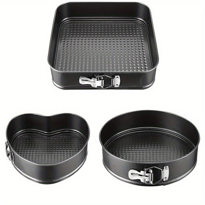3pcs Non-Stick Durable Cake Pan Set with Removable Bottom Cake Mold Carbon Steel Round Heart-Shaped Pan Easy Release Kitchen Spring Pan Set, Black