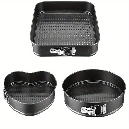 3pcs Non-Stick Durable Cake Pan Set with Removable Bottom Cake Mold Carbon Steel Round Heart-Shaped Pan Easy Release Kitchen Spring Pan Set, Black