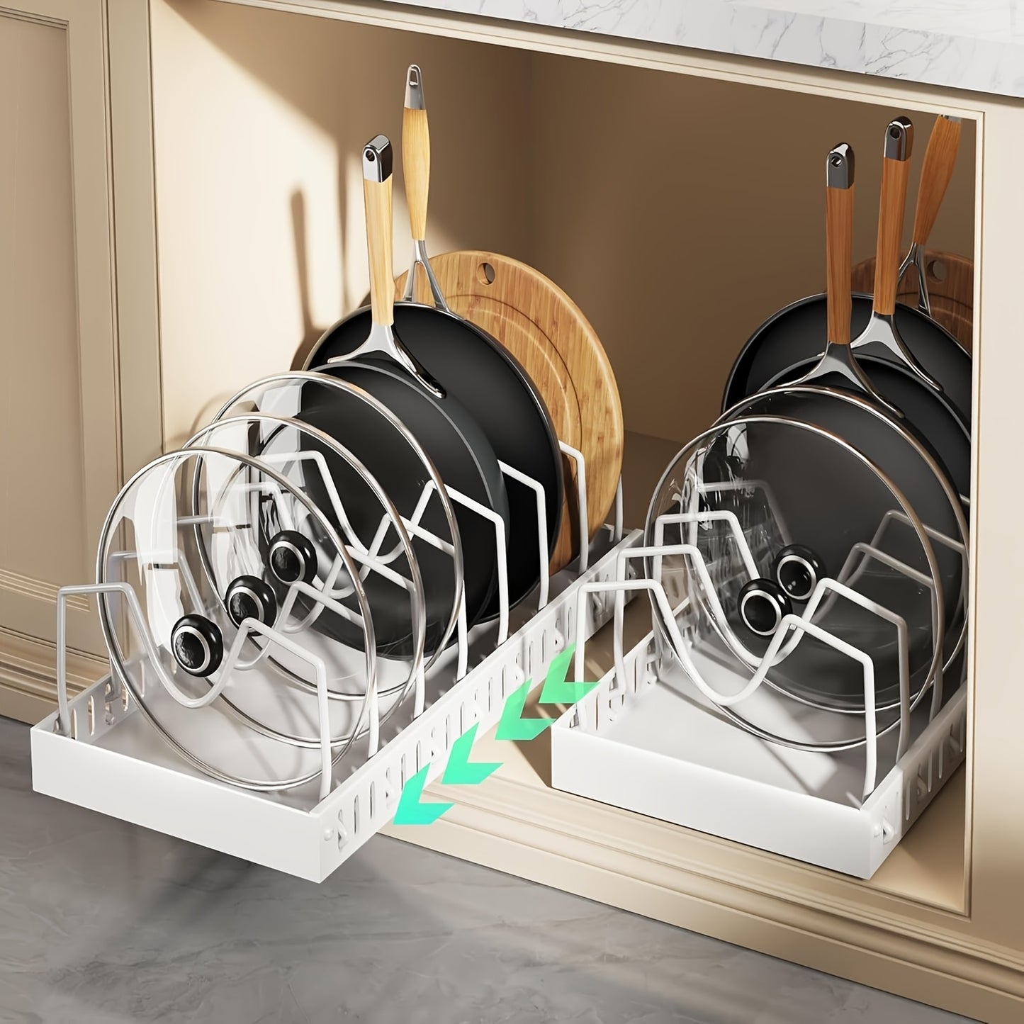 Pull-Out Pot and Pan Lid Rack Cabinet Sliding Storage Organizer - Kitchen Cabinet Slide-Out Box with 8/16 Adjustable Dividers for Lids, Baking Tools & Plates, Black or White, 1 or 2 Pack
