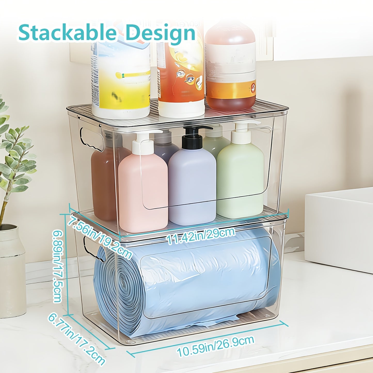 Trash Bag Dispenser 2 Pack – Clear Stackable Garbage Bag Holder for 13/30/33 Gallon Bags, Under Sink Organizer, Locking Lid, Anti-Slip, Kitchen Pantry Laundry Room Cabinet Storage