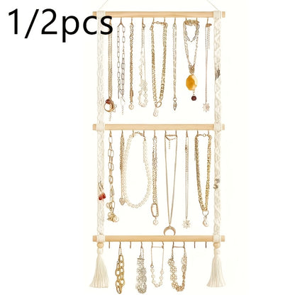 2/1pc Bohemian Jewelry Rack, Hanging Jewelry Storage Rack, Hand Woven Tassel Jewelry Display Rack, Bedroom Decoration, Contains 30 Hooks for Necklaces, Earrings, Bracelets, Hair Additions Storage, Hanging Jewelry Organizers