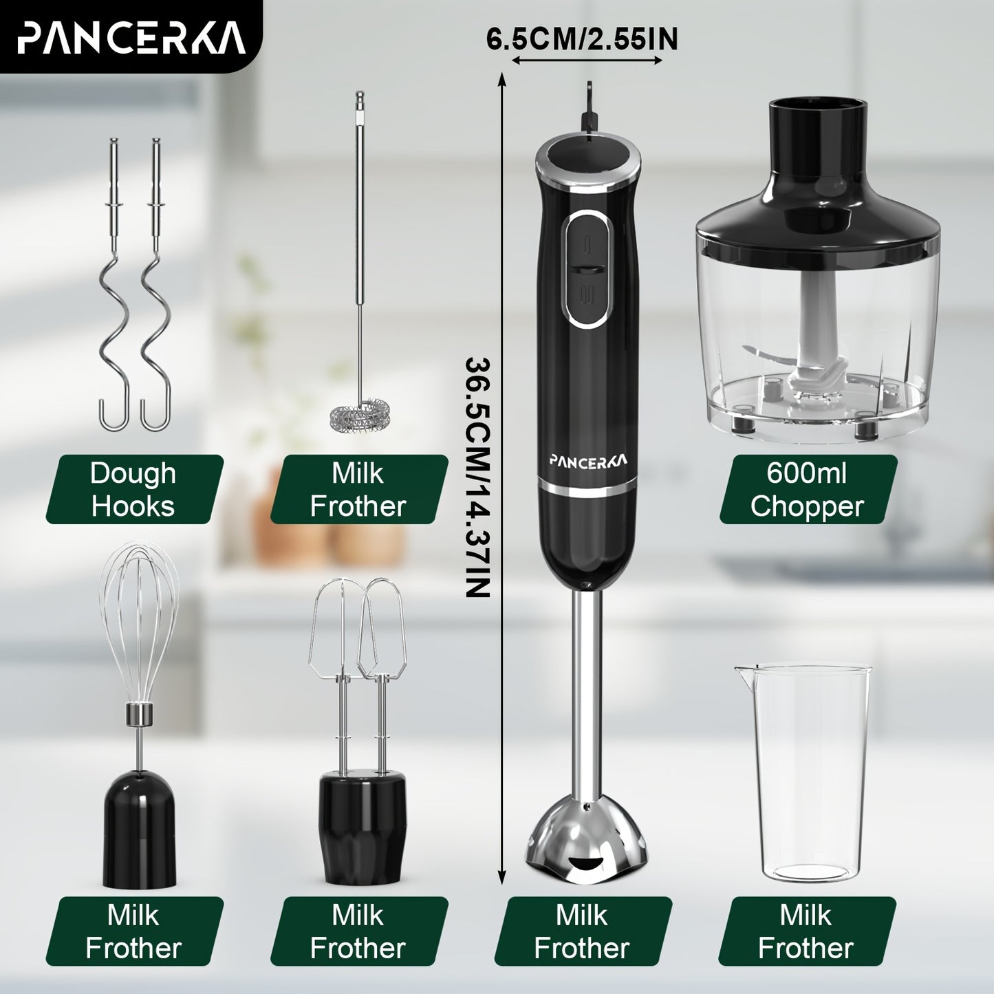 PANCERKA 8in 1 Electric Immersion Blender, Multi-Purpose Hand Blender with Turbo Mode, Detachable Base, 304 Stainless Steel Handheld Blender with Whisk, Milk Frother Attachments, for Smoothies