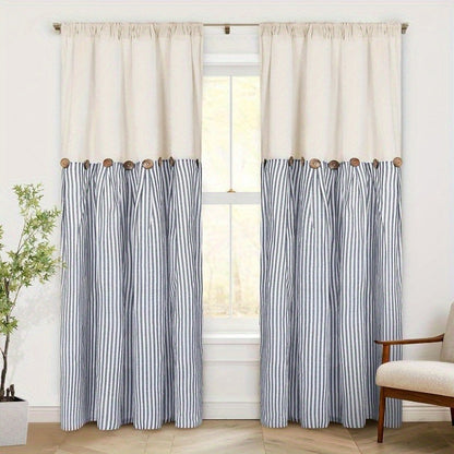 Semi Sheer Curtains Bohemian Linen Cotton Patchwork Grommet Top Window Drapes for Bedroom Living Room Kitchen Bathroom Cafe - Boho Country Cottage Style 4 Seasons 1 or 2 Panels