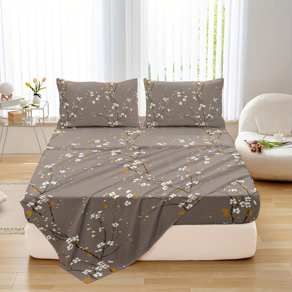 Fitted Sheet Set 4-Piece Plum Blossom Floral Print | Deep Pocket 15" Bed Sheets Twin Full Queen King | Soft Polyester Bedding Set with 2 Pillowcases, All-Season Machine Washable