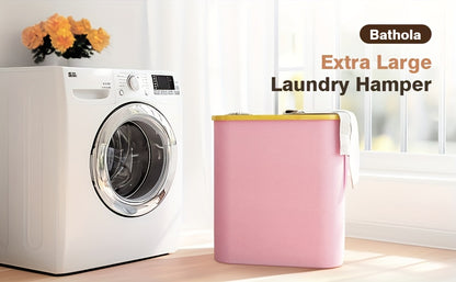 Laundry Hamper with Lid - 145L Extra Large 3-Section Fabric Sorter with Removable Washable Bags & Bamboo Handles, Pre-Sorting Labels, Pink Laundry Basket for Bedroom, Bathroom, Dorm & Home Organization
