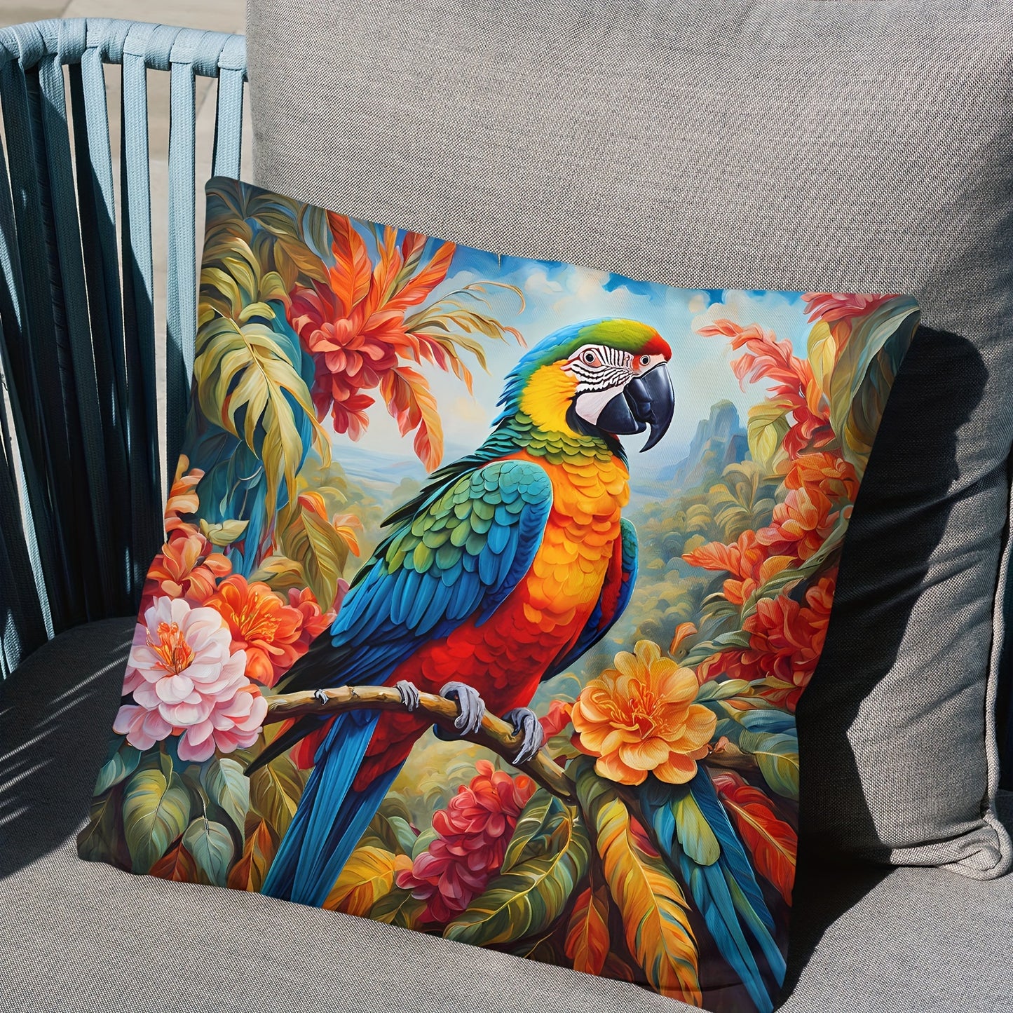 4pcs Vibrant Tropical Parrot and Lush Floral Print Throw Pillow Cover, 18x18 Inch, Soft Polyester, Zipper Closure, Machine Washable - Perfect for Home, Office and Bedroom Decor, Vibrant Room Decor | Floral Design | Bird Decor