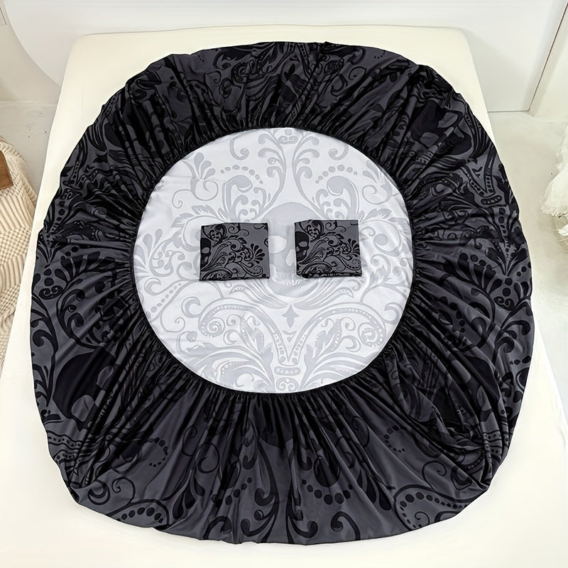 3pcs Black and Gray Patterned Skull Victorian Baroque Gothic Vintage Fitted Sheet Set - 1 Fitted Sheet + 2 Pillowcases (Pillow Inserts Not Included), Classic Halloween Series, Deep Pocket 15 Inches, Machine Washable, Hypoallergenic, High Quality