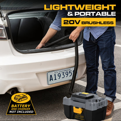 AMPFORCE 20V Cordless Wet/Dry Vacuum Set, 2 Gallon Capacity, Powerful Suction, Compatible With 20V De-WaIt Batteries (Battery Not Included), With Long Hose, Four Nozzles, A Replacement Cartridge, Ideal For Home, Car And Workshop