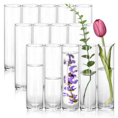 WHONLINE 15 Pcs Clear Glass Cylinder Vases, 7.5 Inch Tall, Glass Flower Vase Centerpieces, Glass Flower Vase, Hurricane Floating Candle Holder Vase for Table Shelf, Party, Wedding, Home Decor, Collectible Buildings & Accessories