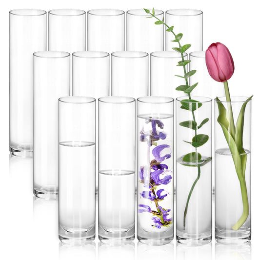 Clear Glass Cylinder Vases 15 Pcs - 7.5 Inch Tall Borosilicate Glass Flower Vase Bulk Set for Wedding Centerpieces, Floating Candle Holders, Table Decor, Party & Home Decoration