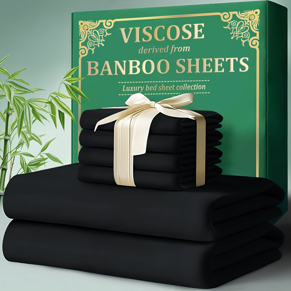 4-Piece Bamboo Bed Sheet Set, 2200 TC Cool Fabric, Bamboo Fiber Elastic Fitted Sheet, Extended 18"-24" Deep Pocket, Cool and Breathable, Smooth to the Touch, Large Size Ultra-Soft Suitable for Hot Sleepers, Anti-Shrink, Fade-Resistant