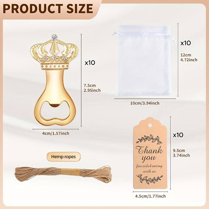 Crown Bottle Opener Wedding Favors 10 Sets 31pcs - Rose Gold Party Gift for Guests with Organza Bag Thank You Tag Twine for Bridal Shower Birthday Baby Shower Bar Kitchen