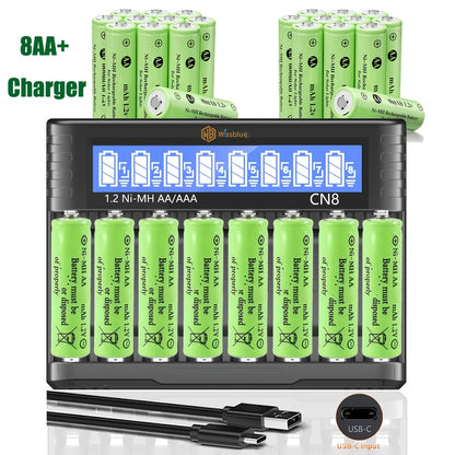 Rechargeable Batteries with Charger, 8 Pack Of High Capacity Low Self Discharge, Ni-MH AA Batteries with Smart 8 Bay Battery Charger, Multiple Choices: 8AAA+charger; 8AA+charger; 4AAA+4AA+charger; Only Chargerv
